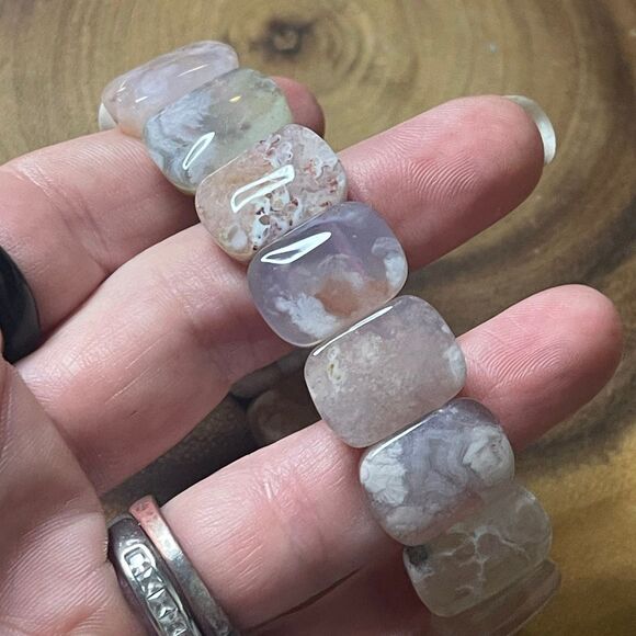 Pink flower agate soft bangle bracelet beaded beads new handmade .75” High beads - Picture 4 of 8